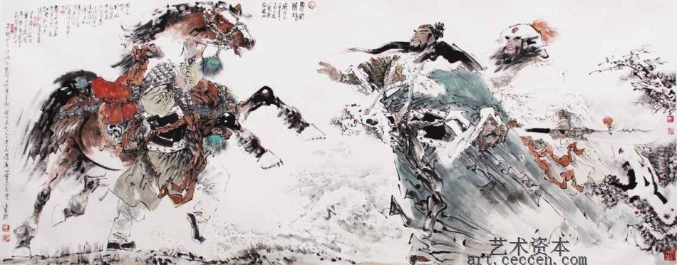 汪国新先生为庆祝“关公号”首航创作《马到成功》360x146cm 2009年